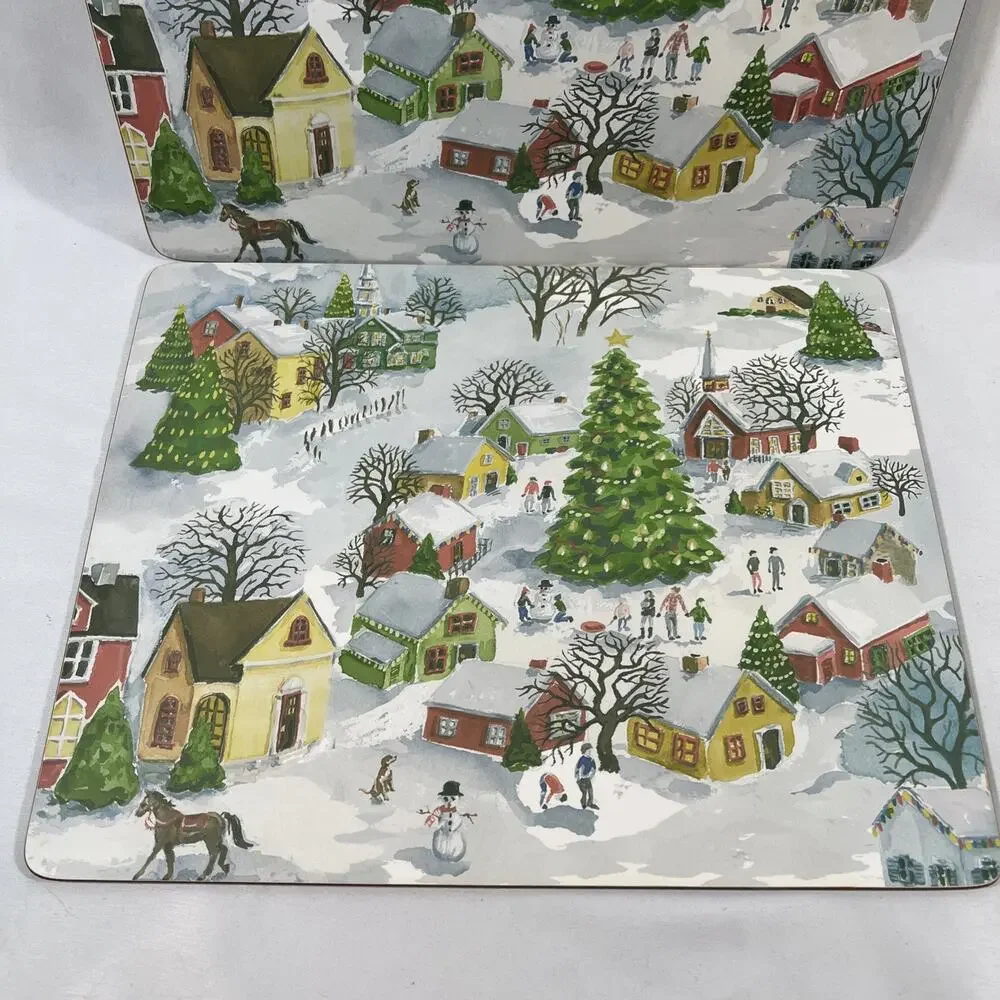 Pottery Barn Winter Village Set of 2 Christmas Placemats Cork Mat Hard Boards